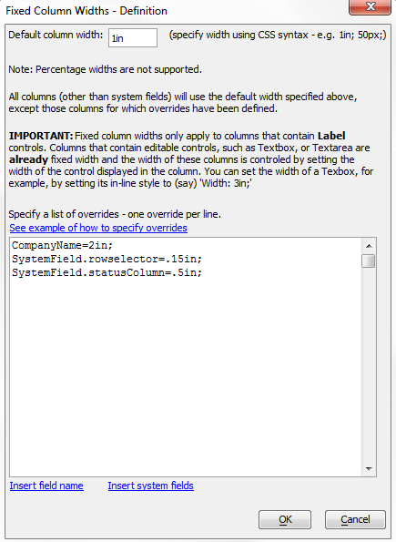 Fixed Column Widths - Definition Dialog